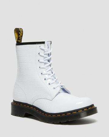 Botines Dr Martens 1460 Charol Croc Emboss Cuero Mujer Blancos | MX 85YXF